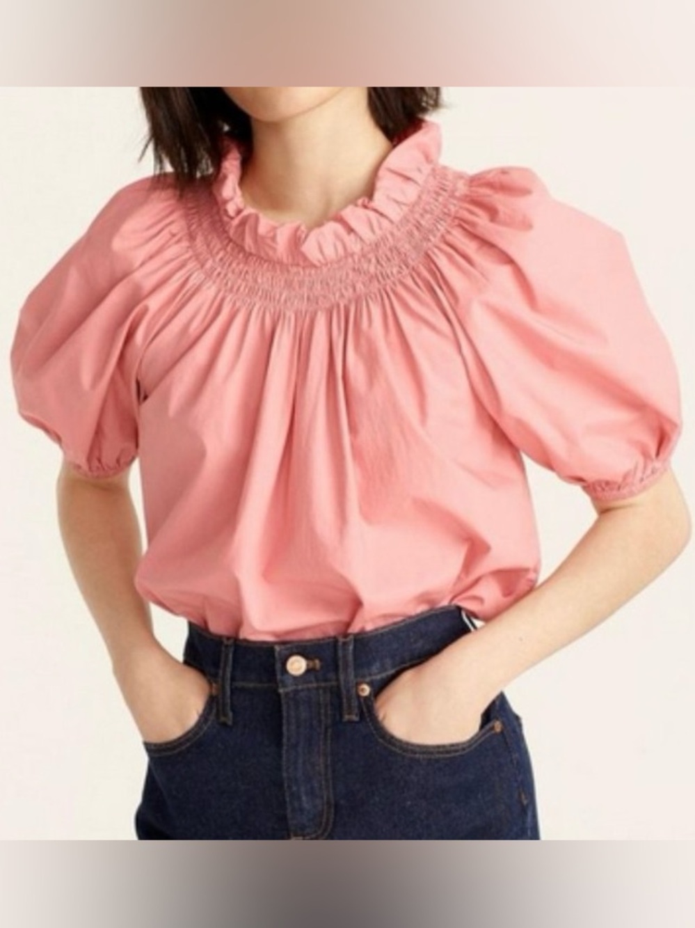 J Crew Women’s Sz XL Pink Smocked Neck Puff-Sleeve Cotton Poplin Top - Picture 3 of 17